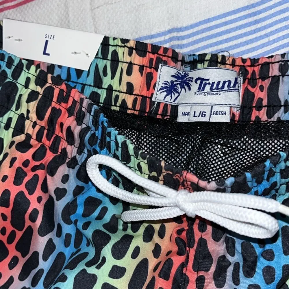 New Trunks Surf & Swim Co 3 Pocket Rainbow LBGTQ Leopard Print Lined Swim Shorts